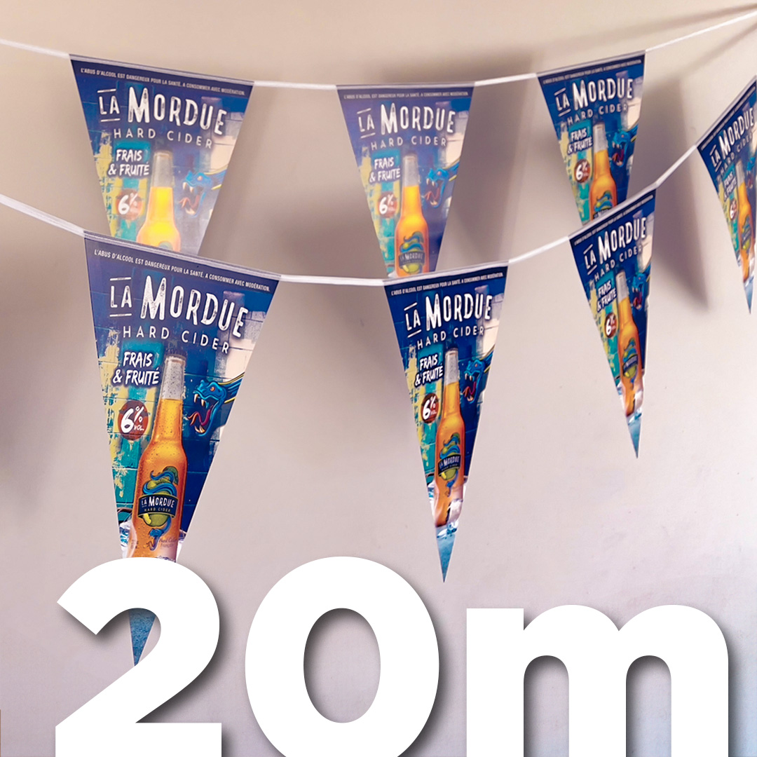 Guirlande publicitaire en PVC de 20 mètres, longue guirlande résistante pour décorer de grandes surfaces.